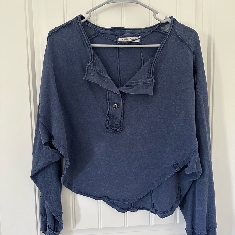 We The Free Blue Asymmetrical Crop Polo Button Down